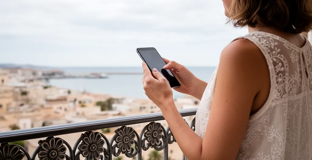 Femme de dos consultant son téléphone devant une vue sur la baie de Palma