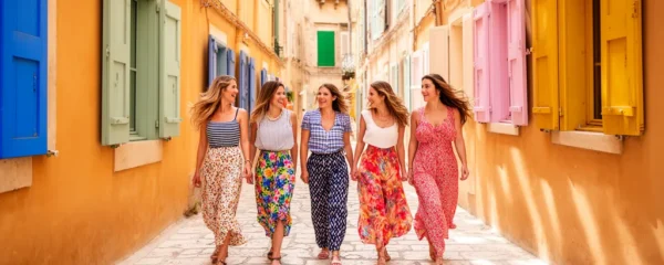 Groupe de femmes marchant dans une ruelle ensoleillée de la vieille ville de Palma